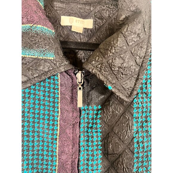 Retro Quilted Puffer Jacket Blue L Geometric Floral Striped 80s Funky Artsy Chic - Picture 4 of 12